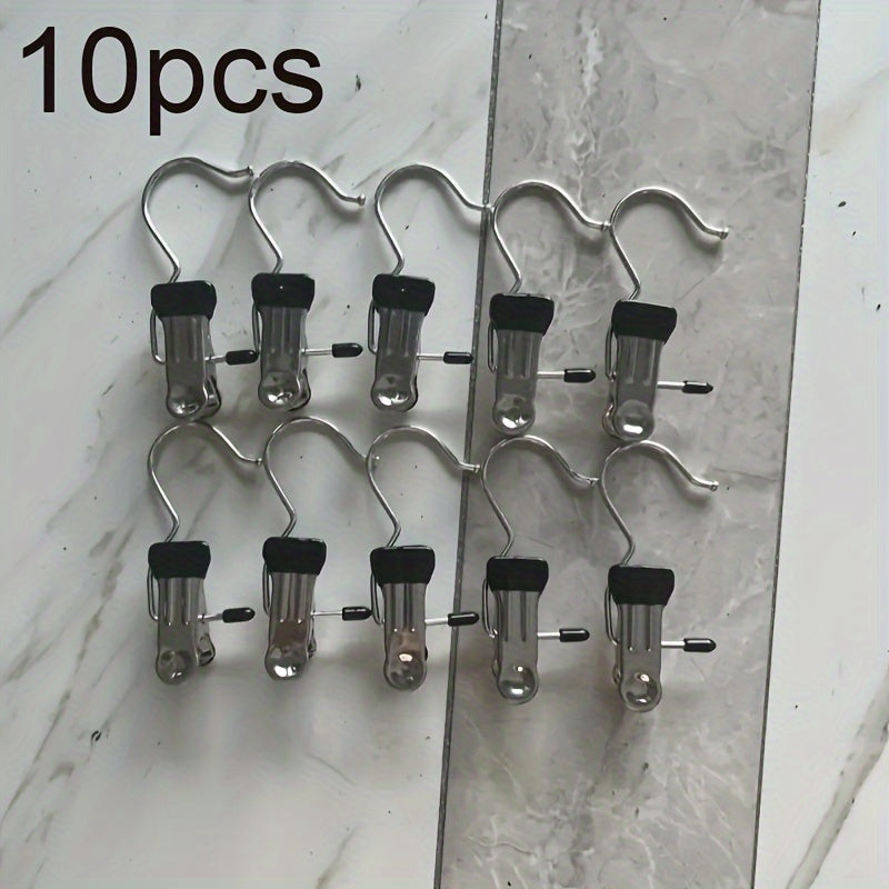 Set of 10 stainless steel laundry clips with swivel hook, versatile windproof clothes pegs for hanging socks, underwear, and accessories, efficient wardrobe organizer clips for saving space, and holding clothes securely.