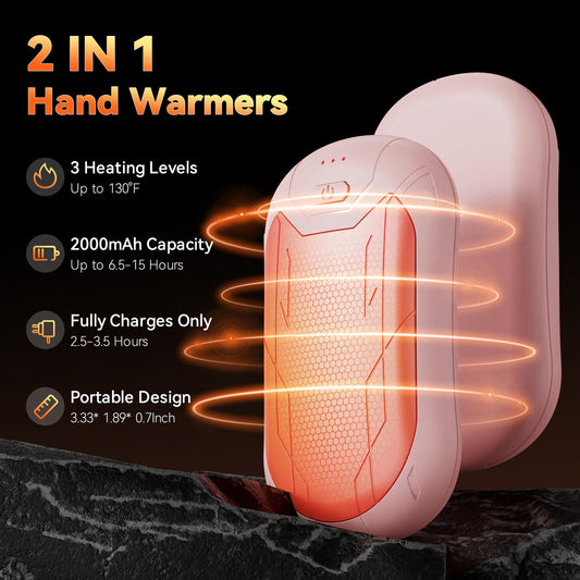 Ideal for outdoor adventures and cold weather, this portable hand warmer features magnetic dual-sided heating, three heat levels, a USB-C rechargeable lithium battery, manual thermostat, plastic material construction, and a 5W rated power.