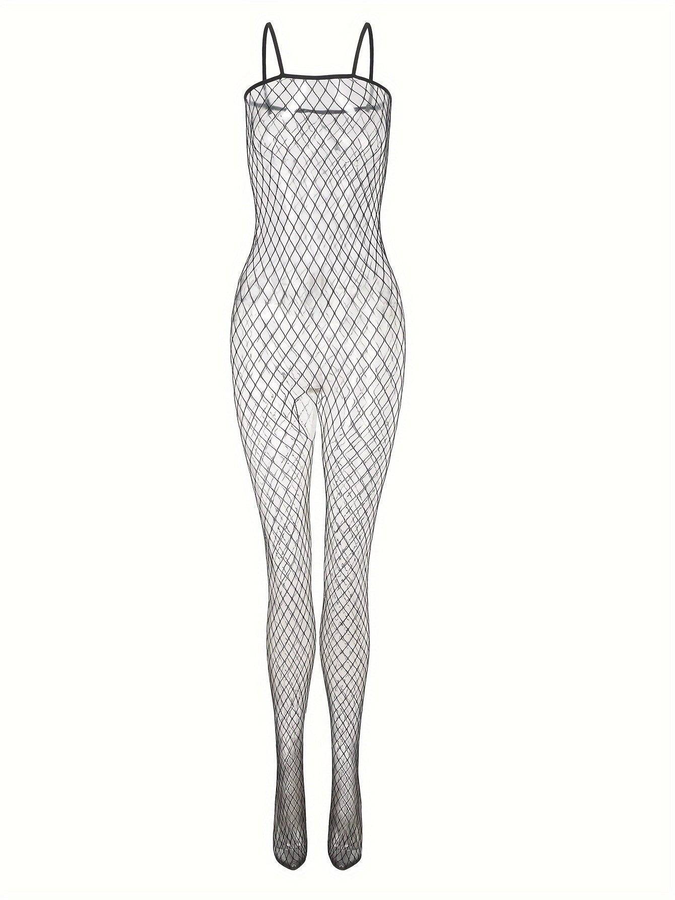 Sexy fishnet bodystocking with open crotch and sheer sleeveless design.