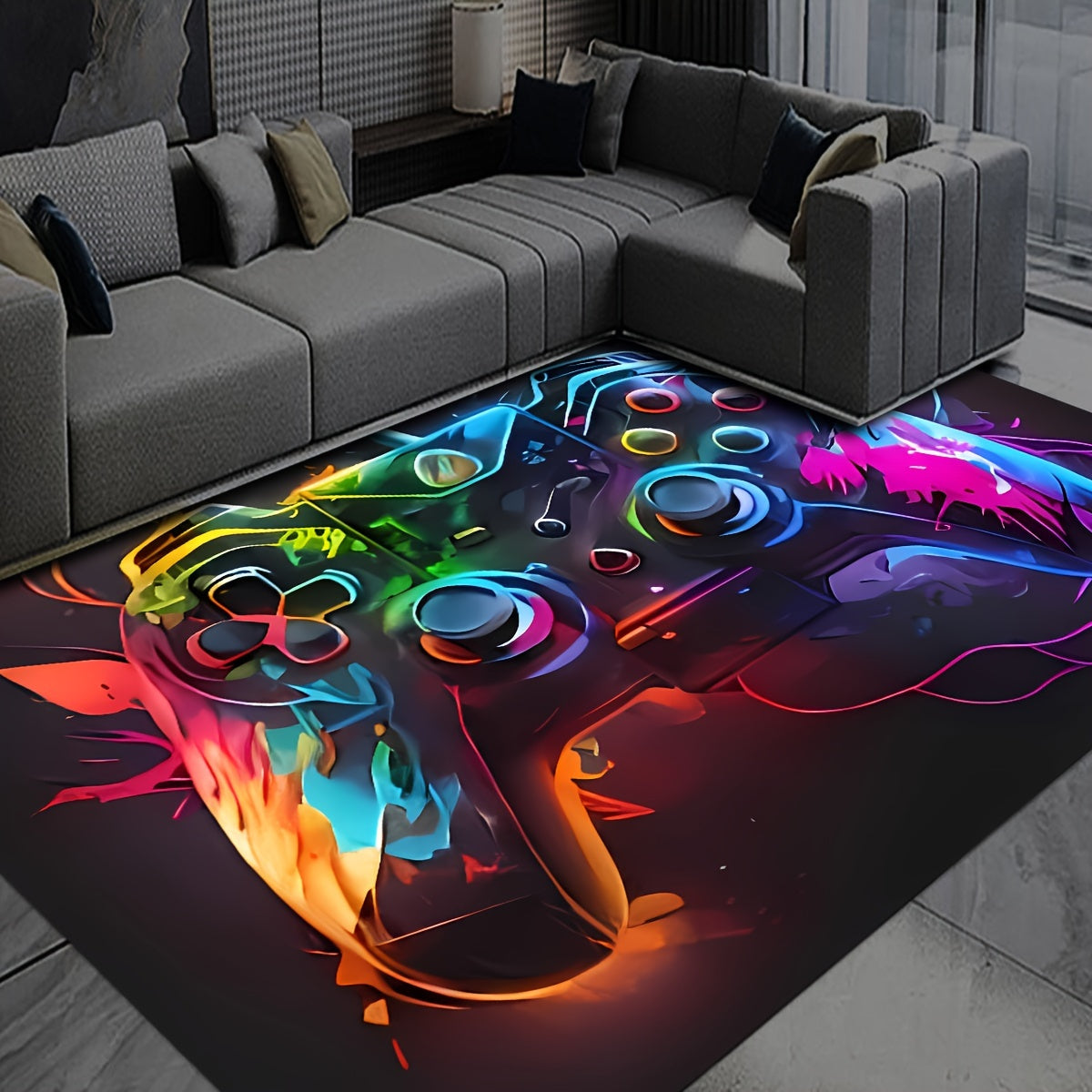 Polyester non-slip rug featuring a game console element pattern, perfect for high-traffic areas like bedrooms, offices, and living rooms. Easy to clean and durable.