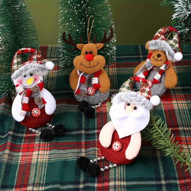 Set of 4 festive Christmas hanging pendants featuring Santa, snowman, reindeer, and bear decorations for tree and home decor. Perfect for holiday party and room decorations.