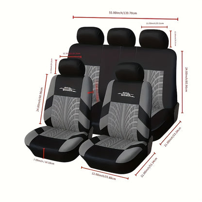 Durable polyester car seat covers for 5-seater vehicles with stylish red/black or blue/black patterns, suitable for cars, trucks, and SUVs. Easy to wash by hand or dry clean.