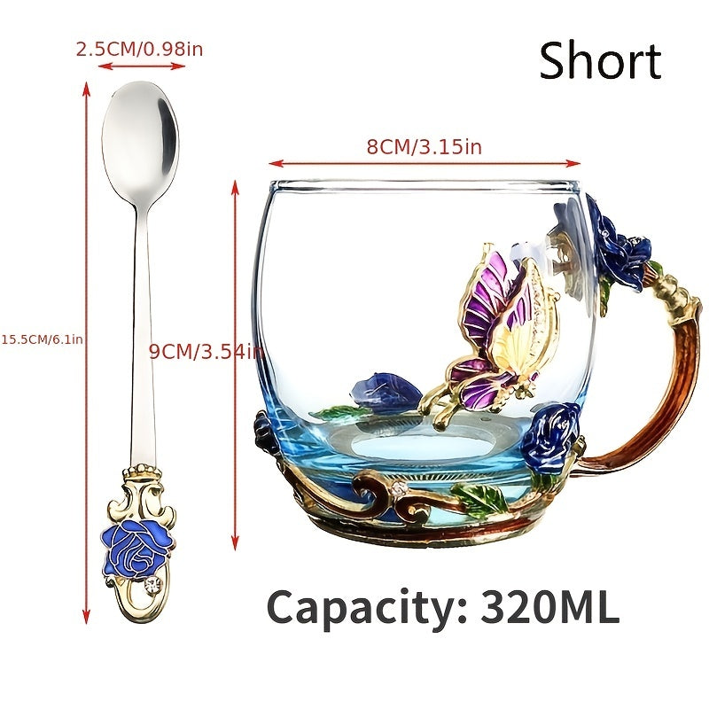 Rose enamel crystal tea cup with butterfly and rose design, includes spoon, clear glass.