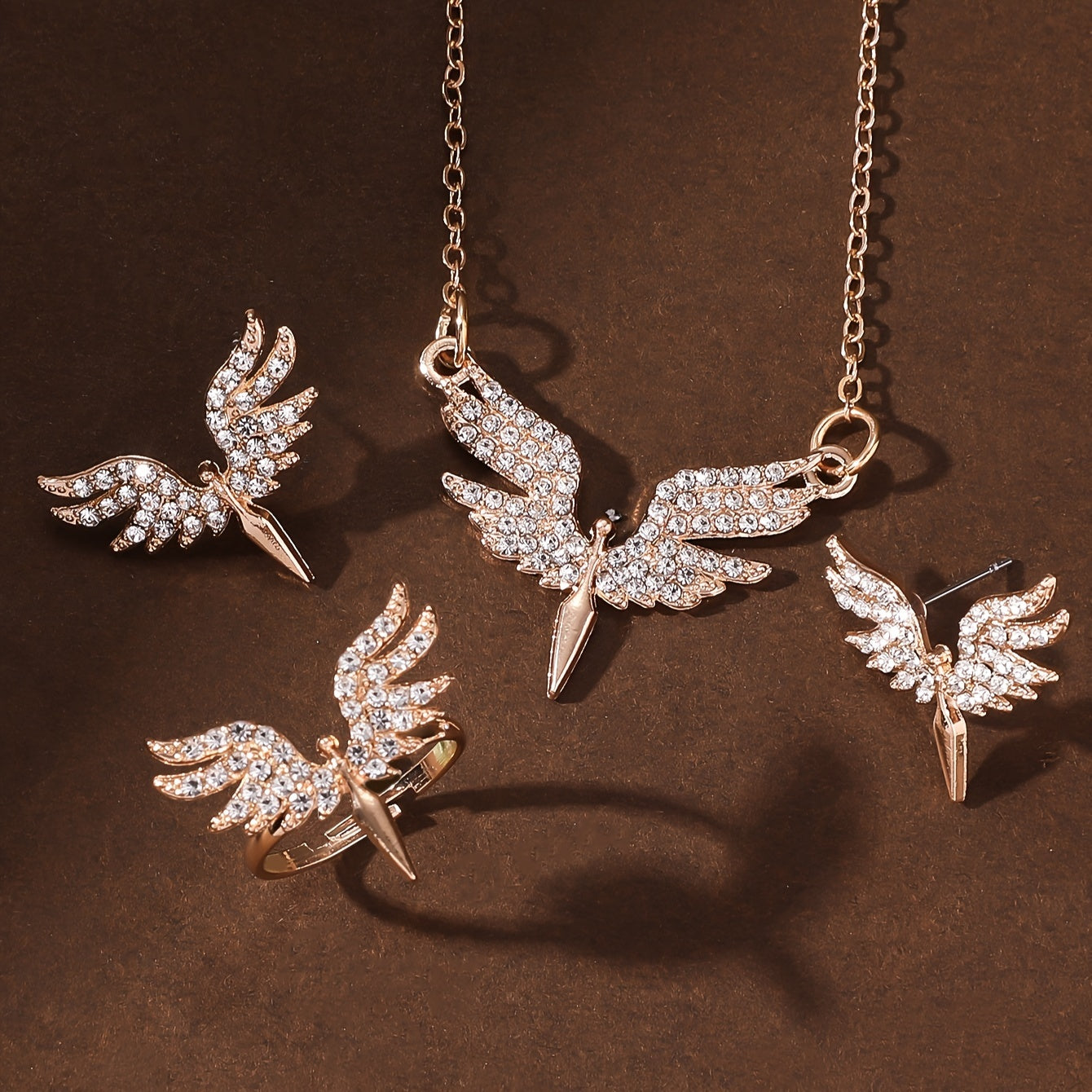 Women's Angel Wing Jewelry Set in Golden Tone with Black Accents - Includes Necklace, Earrings, Ring - Suitable for all occasions, great gift for Mom or friend.