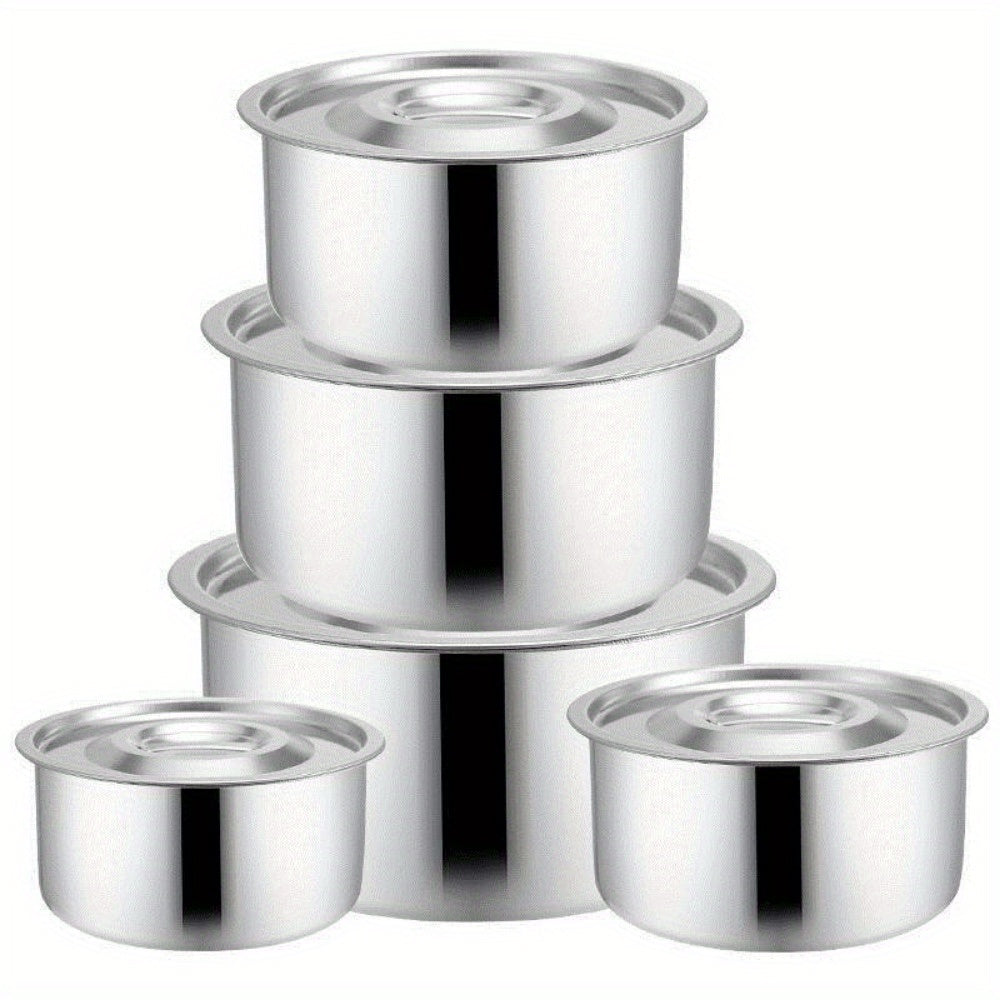 5-piece stainless steel cooking pot set with lid, perfect for use on induction cookers, gas stoves, and electric pottery stoves. Includes a seasoning jar, salad basin, and Thai pot. Ideal for Christmas parties, Ramadan gatherings, and suited for use in