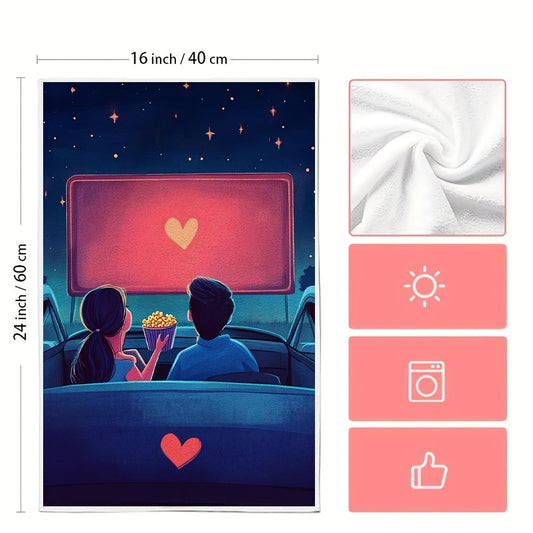 2 pieces of ultra soft kitchen towels featuring a hand drawn illustration of a couple sitting in their car at a drive-in movie theater. They are watching a romantic film on the big screen while sharing a bucket of popcorn. The car's hood is decorated