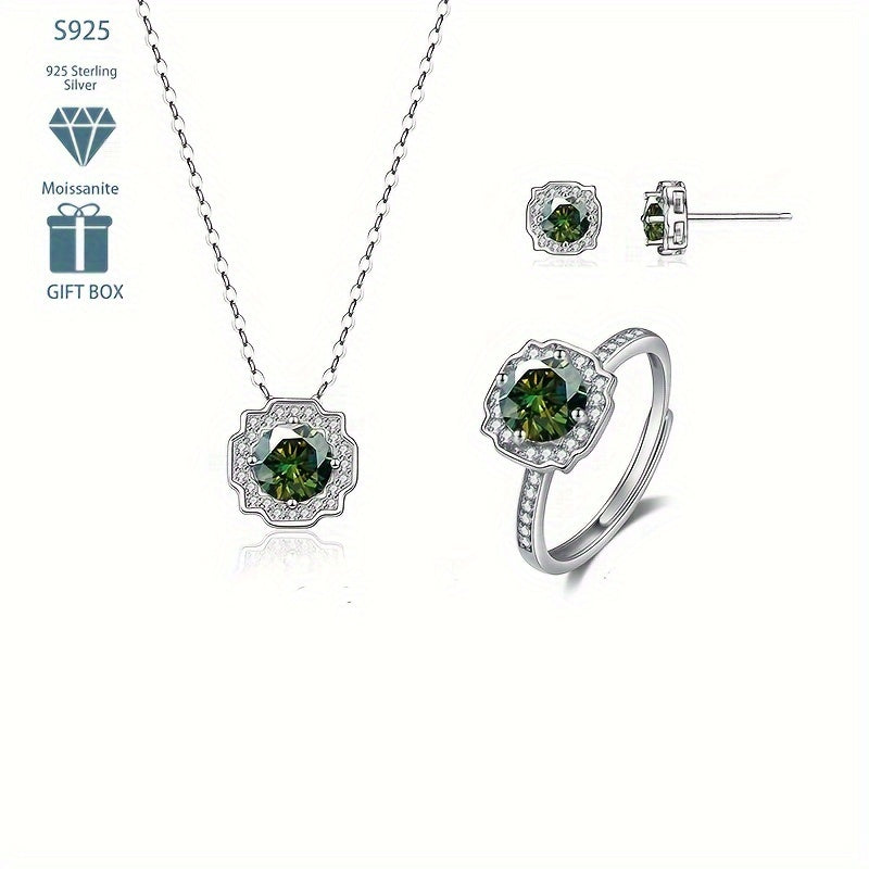 Choose your preferred color and receive a set of high-quality jewelry pieces - one pair of ear studs, one necklace, and one ring all inlaid with sparkling Moissanite stones. Made from 925 sterling silver, these accessories are perfect for engagements or