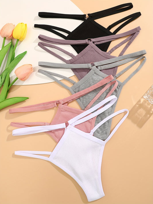 5 solid ribbed ring thongs, comfy, breathable, stretchy intimates for women.