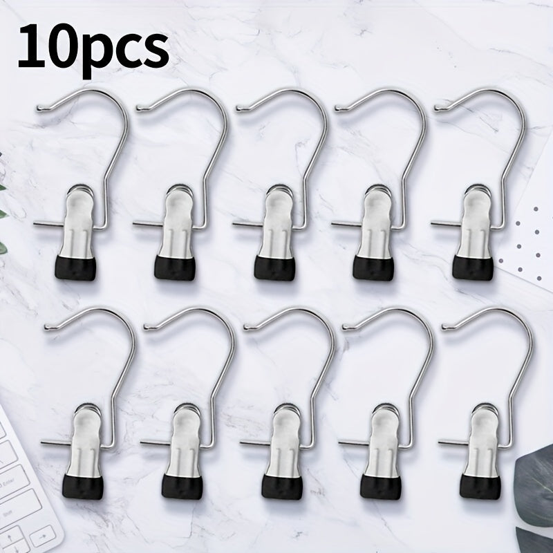 Set of 10 Stainless Steel Clothes Hangers featuring Hooks, Laundry Clothes Pegs, Portable Hanging Clothes Clips, Closet Organizer Hangers, Essential Household Laundry Accessories.