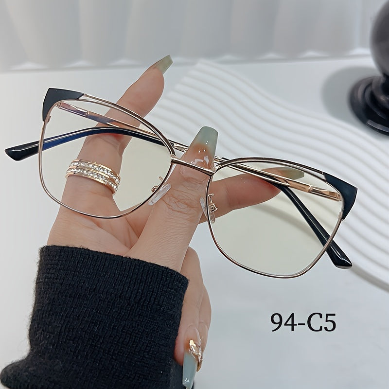 Women's fashion cat eye blue light blocking glasses with metal frame, oval shape, chic design, non-prescription, includes shell case, universal fit.