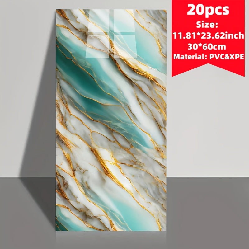 Set of 20 marble tile wall stickers, easily cut, install, and remove. Waterproof self-adhesive boards suitable for various rooms. Size: 59.99 * 29.97 cm. Ideal for kitchens, living rooms