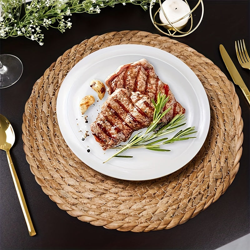 Hand-made set of 6 round rattan placemats for dining and weddings, made from natural water hyacinth.