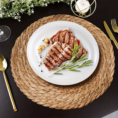 Hand-made set of 6 round rattan placemats for dining and weddings, made from natural water hyacinth.