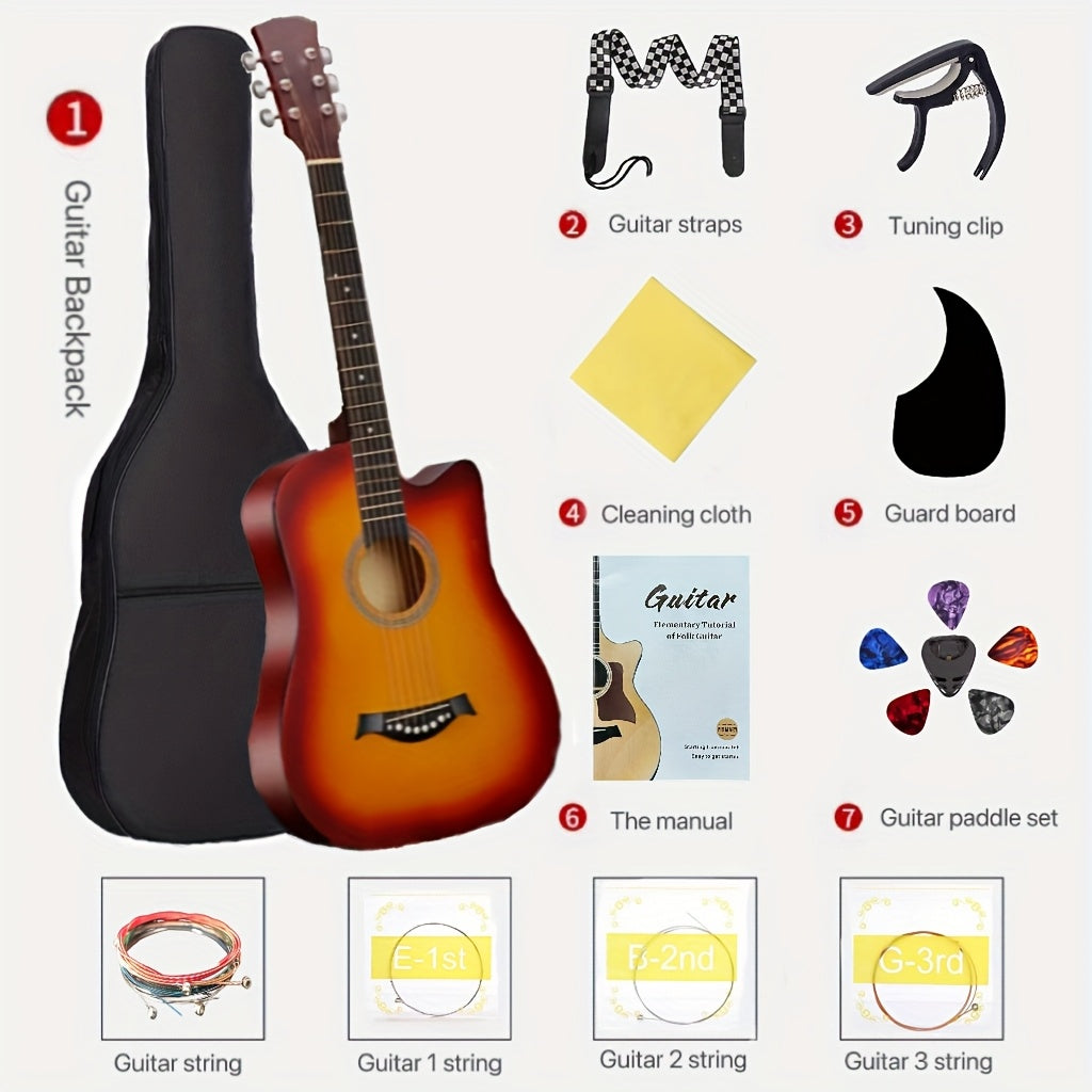 38-Inch Acoustic Guitar Starter Kit for Beginners, Includes Backpack, Strap, Capo, Picks, Picks Case, Strings, Cloth, Stickers, and Instructions.