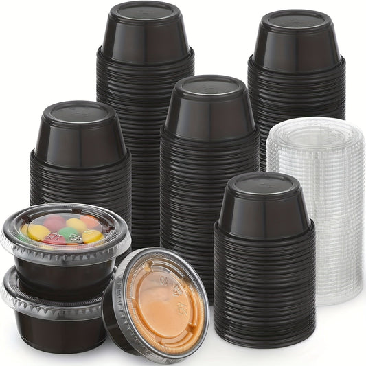 100 pieces of black plastic portion cups, available in 1/2, 3.25, 4, and 5.5-ounce sizes. Perfect for jello shots, small plastic containers with lids are airtight and can also be used for salad dressing, dipping sauces, and condiments. Ideal for lunches