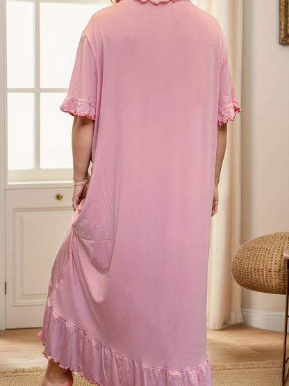 Plus size casual sleep dress for women with short sleeves and ruffle hem.