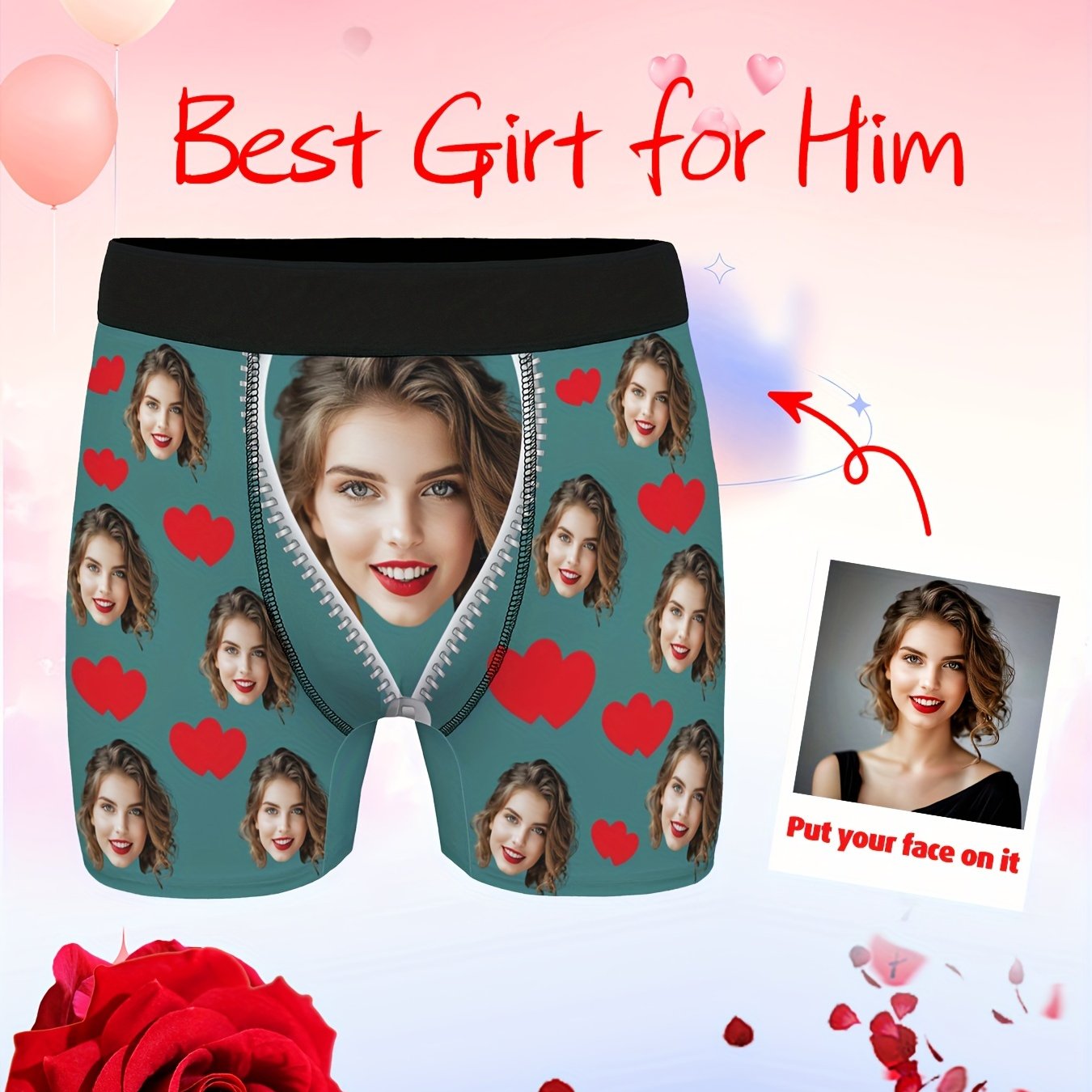 Personalized men's briefs with custom photos- perfect gifts for boyfriends or husbands on Valentine's Day.