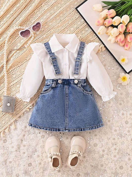 Toddler white long sleeve shirt with denim overalls skirt set for Spring/Fall outdoor wear.