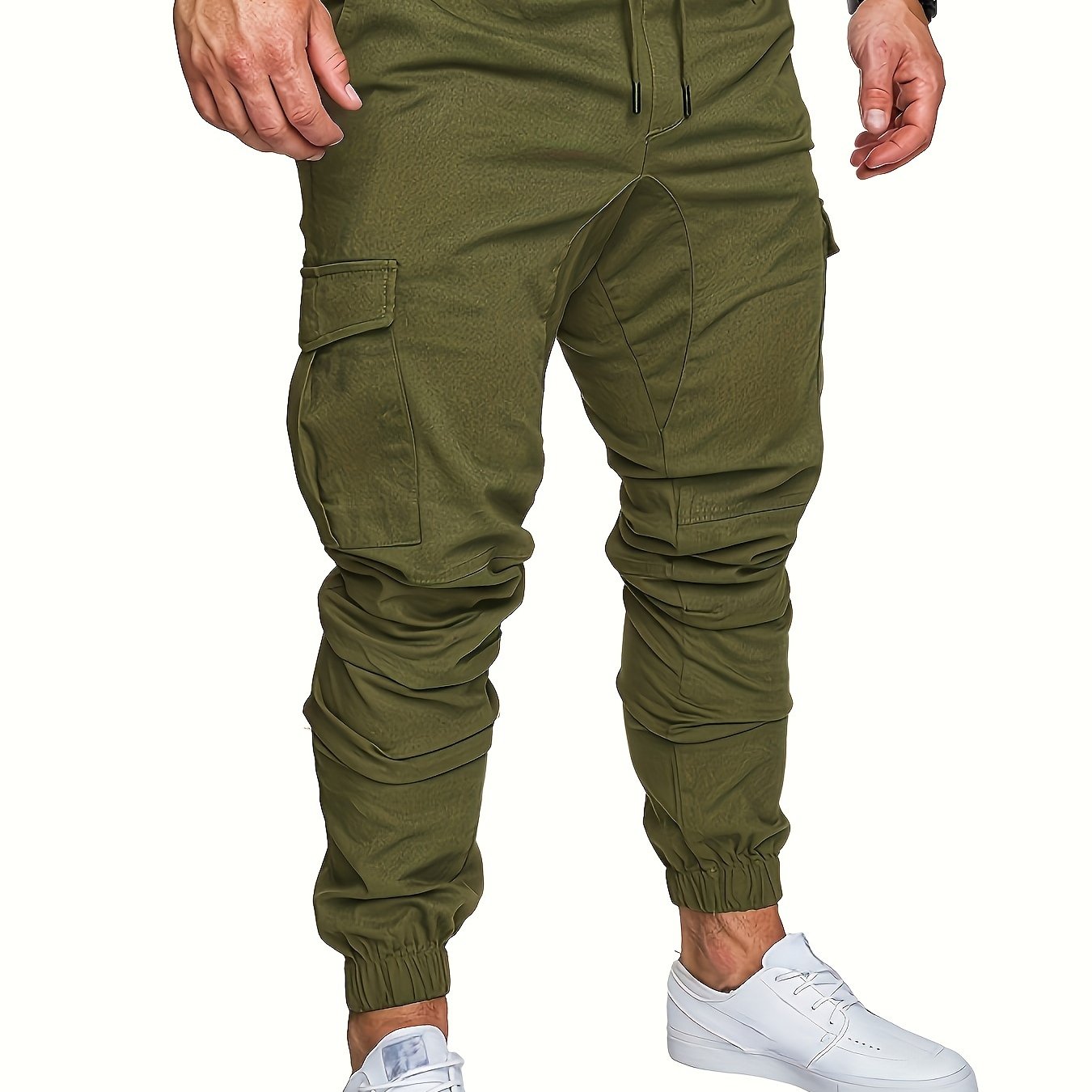 Men's casual cotton cargo pants with solid color, regular length, non-stretch fabric, drawstring waist, standard fit, and woven weave, suitable for all seasons.