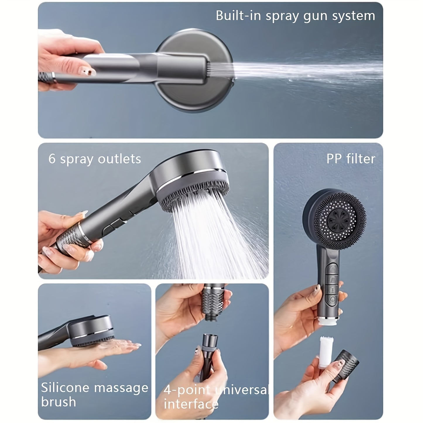 High-pressure handheld shower head with 5 modes, includes stainless steel hose and adjustable bracket, no batteries required.