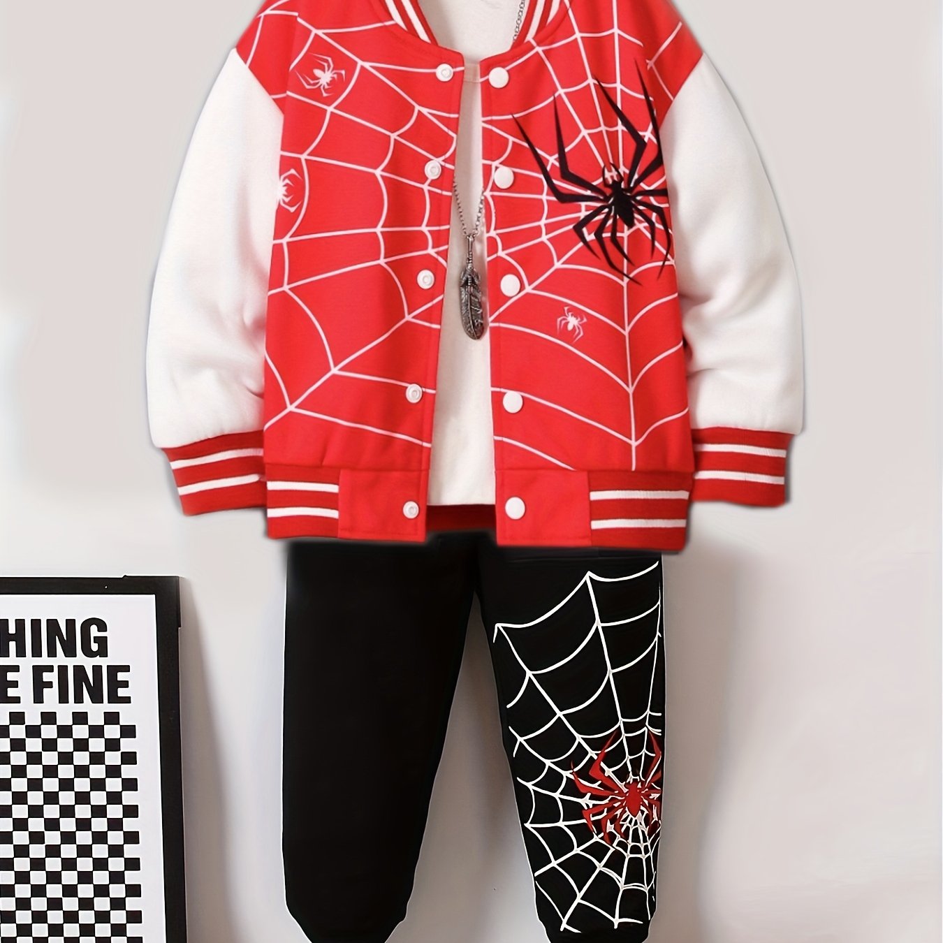 2-piece boys spider print baseball jacket and pants set, perfect for spring and autumn outdoor wear, also great as gifts