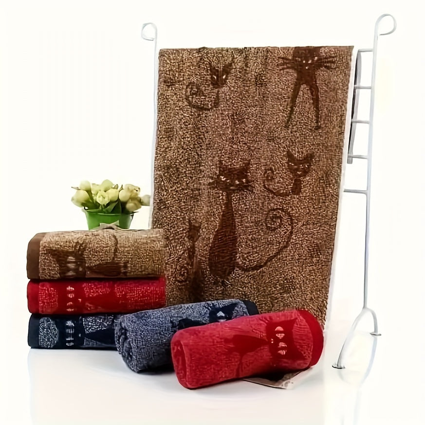 Soft, absorbent Cute Cat Pattern Velvet Hand Towel with Hanging Loop, perfect for kitchen, bathroom, or home decor. Available in Red, Blue, or Beige. Great gift idea with plush texture.