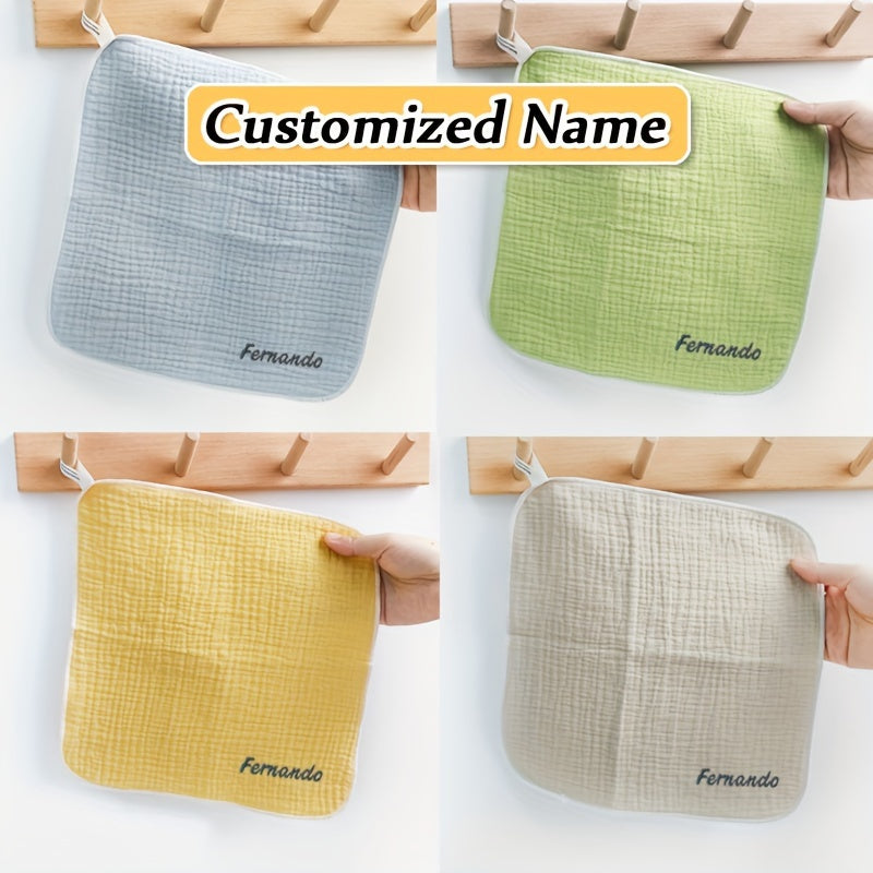 Personalized baby products: Custom baby bibs, newborn cotton square towels, baby face wash towels, children's gauze comfort towels, burp cloths, and bibs.