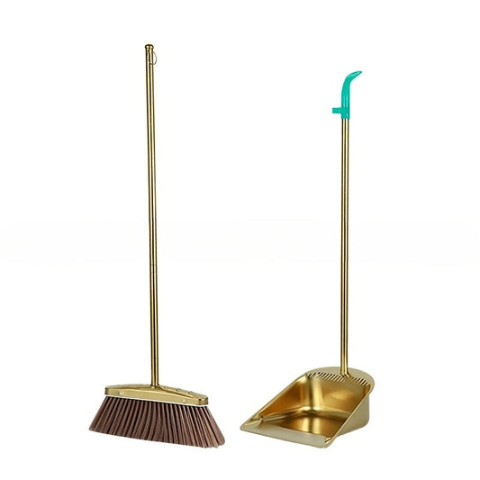 Two-piece set of durable stainless steel garbage shovel and water scraper with golden finish, thickened design, and integrated mop dustpan for household cleaning.