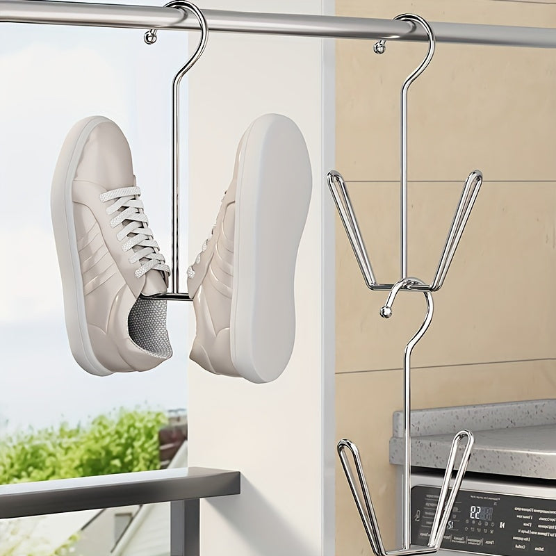 Durable stainless steel shoe rack hanger with space-saving design for coats, hats, and slippers. Ideal for indoor and outdoor use, entryway organization. Sleek metal construction for