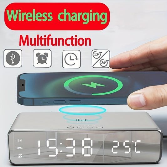 Wireless charging dock with alarm clock, thermometer, and earphone and phone chargers.