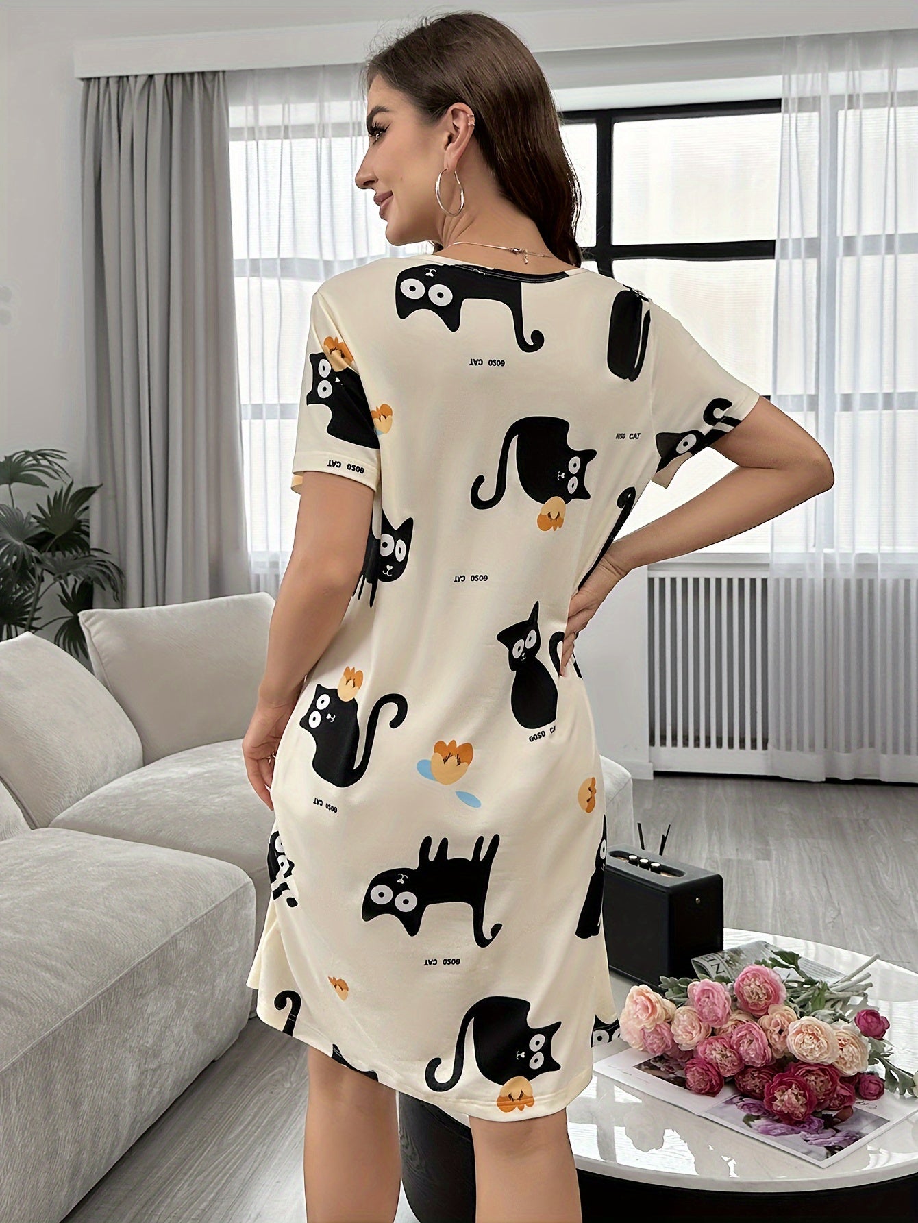 Cartoon Cat Print Nightdress for Women, Short Sleeve Sleep Dress