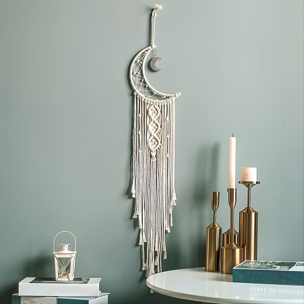 Get the perfect boho room decor with moon macrame wall pediments. Ideal gift for Christmas, Halloween, and Thanksgiving Day. Please note that strip lights are not included and need to be purchased separately.