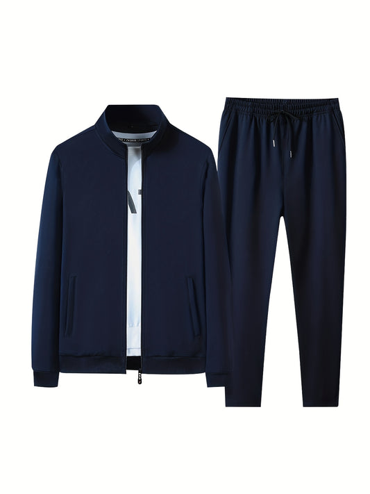 Men's 2-piece outfit with stand collar jacket and drawstring sweatpants for casual wear in spring and autumn.