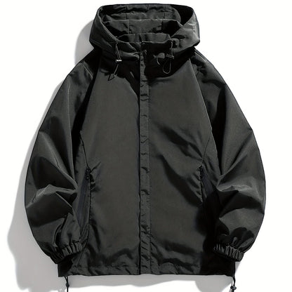 Men's navy blue hooded jacket: trendy zip-up windbreaker made of durable polyester, ideal for spring and fall weather.