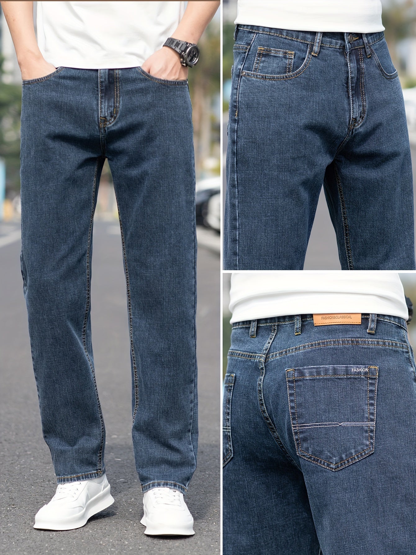 Solid loose denim trousers with pockets for men, made from breathable cotton blend. Perfect for outdoor activities.