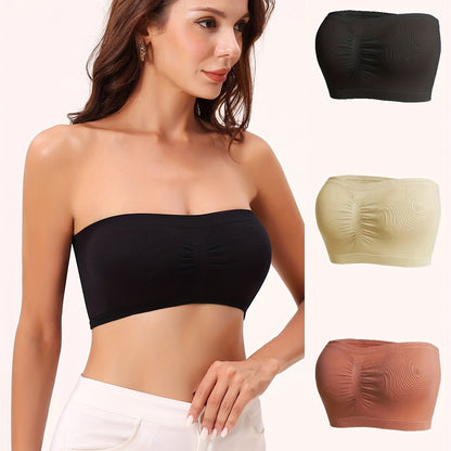 Three strapless bandeau bras, comfortable and soft stretch bras for women's lingerie and underwear.