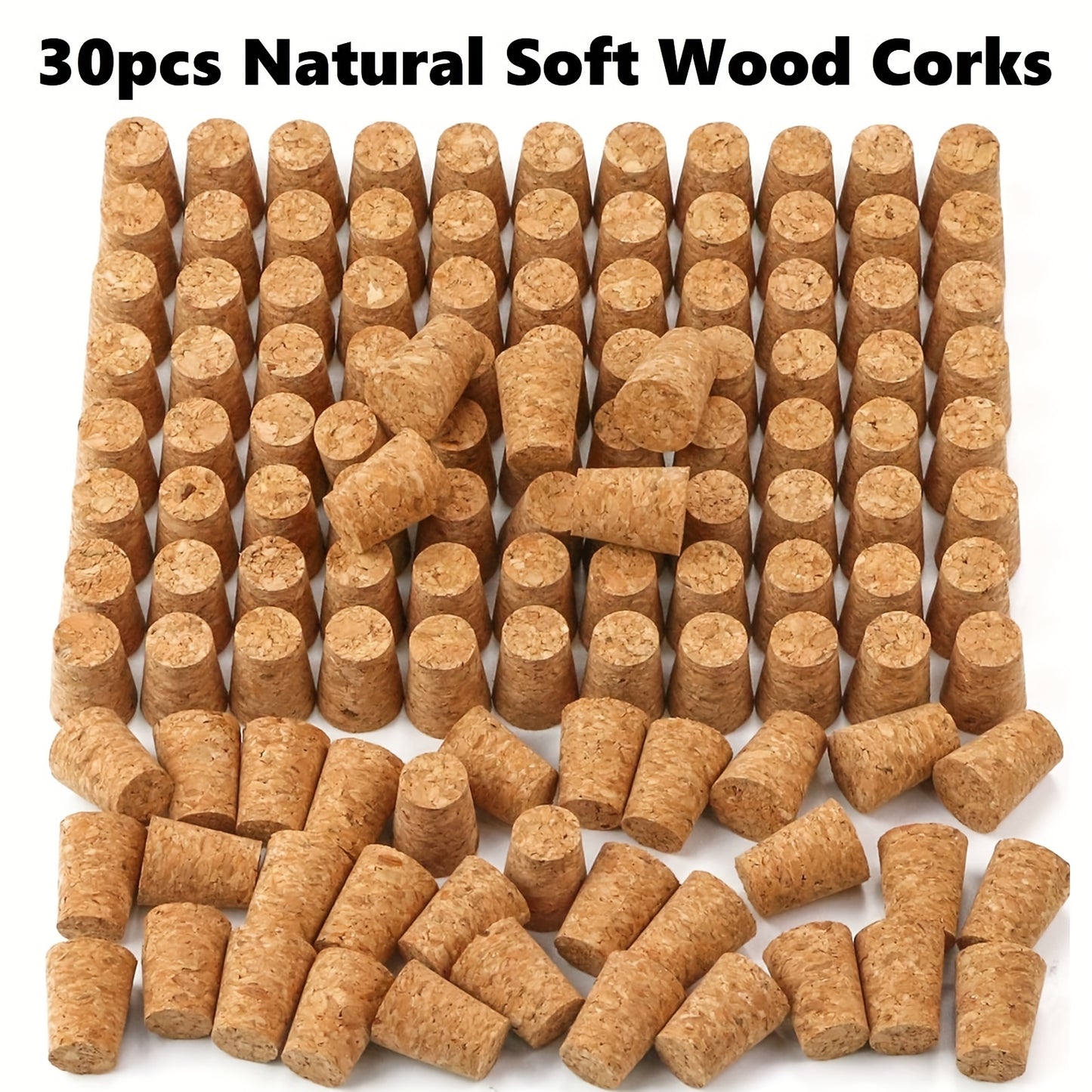 30 natural soft wood cork stoppers for wine and beer bottles, leakproof and ideal for DIY crafts.