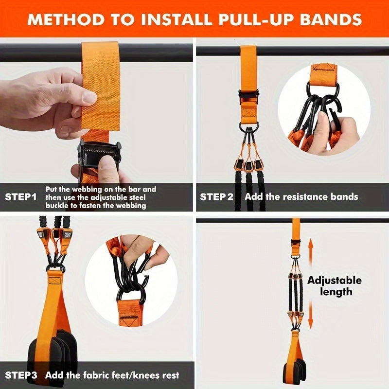 Set of 5 heavy-duty latex pull-up assist bands with adjustable resistance and knee/foot support. Capacity of 102.06KG for strength training.