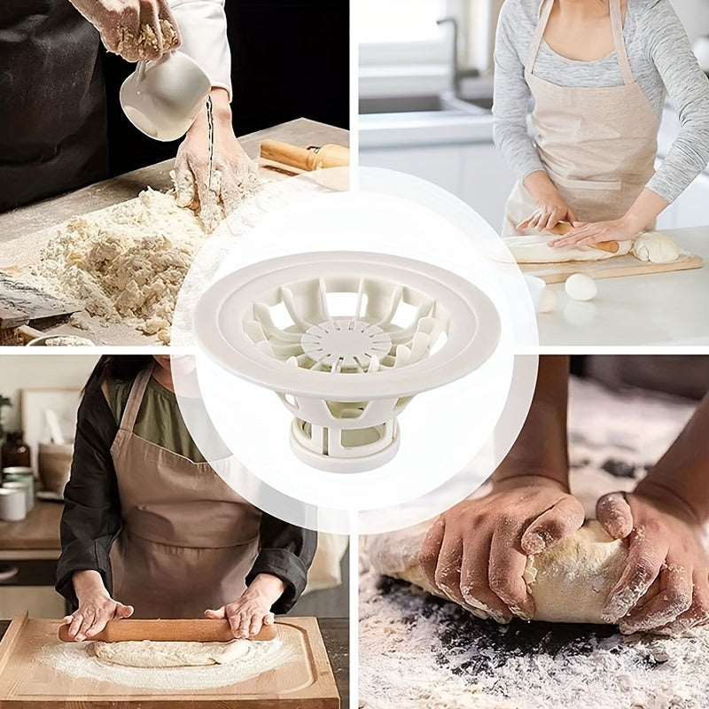 This kitchen gadget is a Flower Shaped Steamed Bun and Dumpling Maker, made of plastic pastry pie mold that is safe for food contact. It is the perfect tool for making homemade buns and dumplings, a must-have kitchen utensil for any cook.