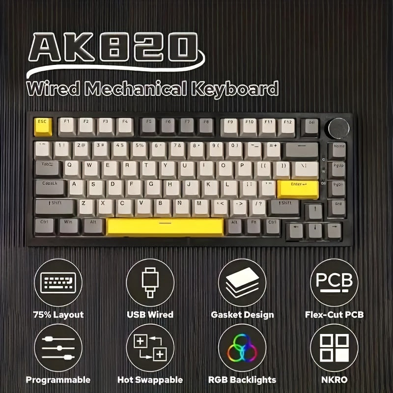 AJAZZ AK820 75% Проводная RGB Механическая Клавиатура с Регулятором Громкости, Бороновая Пена, PBT Клавиши, Горячая Замена Игровые Клавиатуры, Популярные Цвета