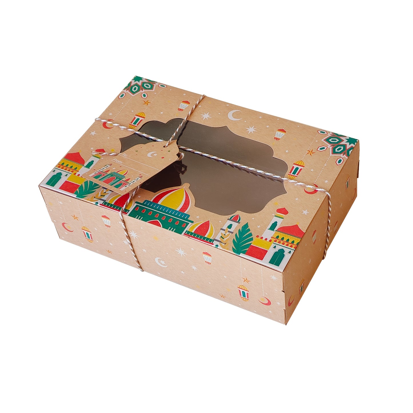 Eid Kraft Paper Gift Boxes with Islamic Designs and View Window, perfect for candy packaging during Ramadan Mubarak. Great for weddings, birthdays, and party favors. Includes 24 boxes with