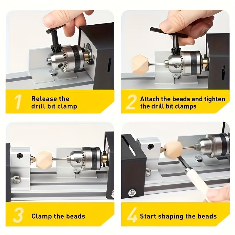 Compact DIY mini lathe set for grinding, polishing, and cutting wood. Plug-in with 110-240V compatibility.