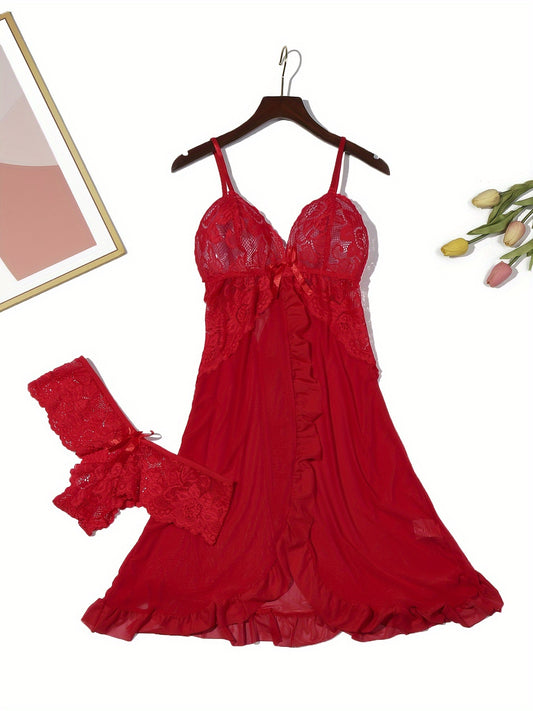 Women's sexy sleepwear set with lace trim, deep V-neck slip dress and panty lingerie.