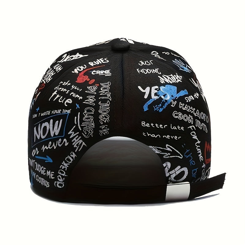 Polyester graffiti print hip-hop baseball cap with PVC coating. Perfect for parties and festivals. Hand washable.