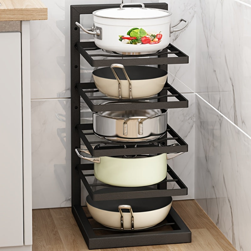 Stainless steel pot rack with adjustable height, available in 3-tier or 4-tier options. Ideal for kitchen or restaurant use, with durable metal construction and space-saving design.