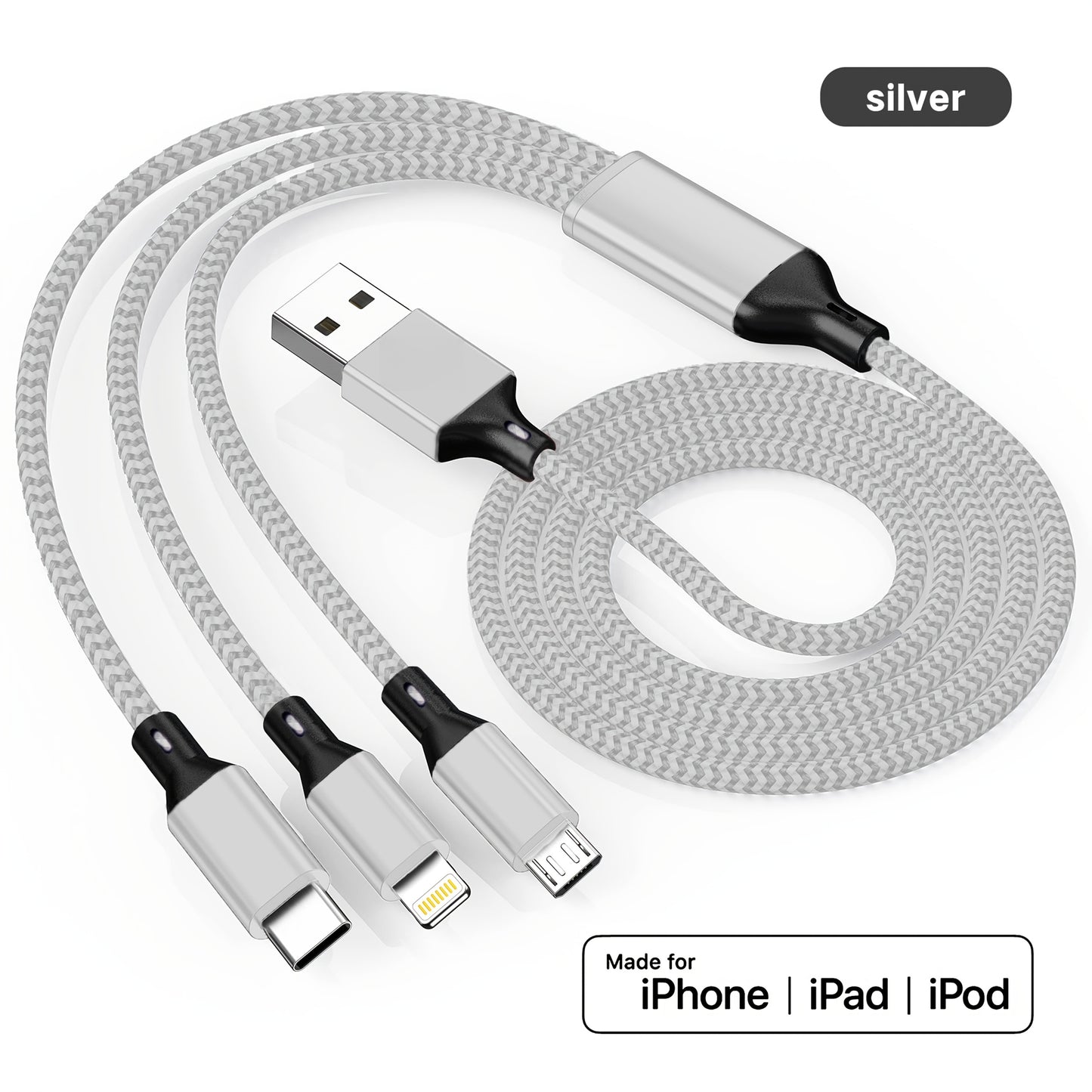 Fast charging USB cable compatible with iPhone, Samsung, Type-C, Micro USB devices and various Android smartphones.