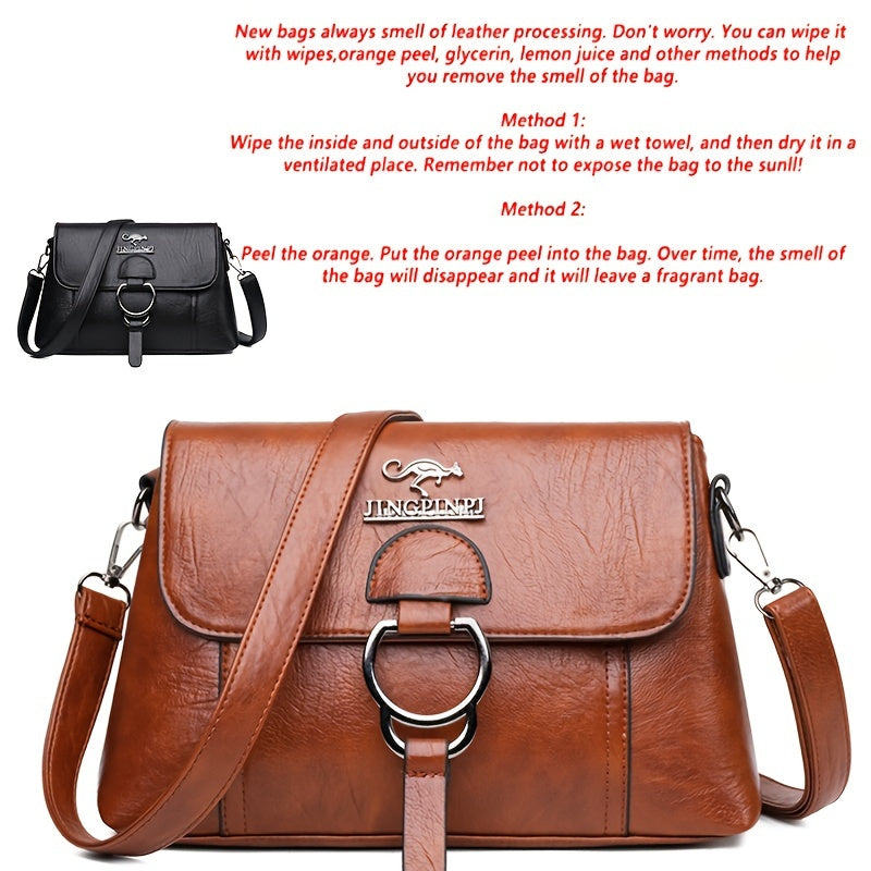 Chic retro synthetic leather women's crossbody bag with metal logo, multiple pockets, anti-theft zipper closure, and detachable strap. Ideal for work, travel, cycling, and shopping.