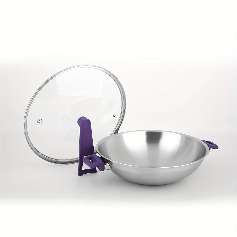 One piece of 35.56 cm stainless steel wok with a glass lid, featuring a large capacity and suitable for all stove types. Ideal for stir fry cooking.