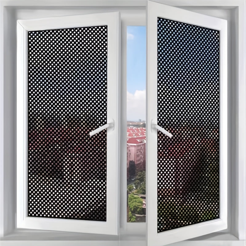 Stained Glass Window Privacy Film - One-Way Perforated, Non-Adhesive Black Vinyl Stickers for Bathroom Door Coverings. UV Sun Blocking with Printable Engraved Designs.