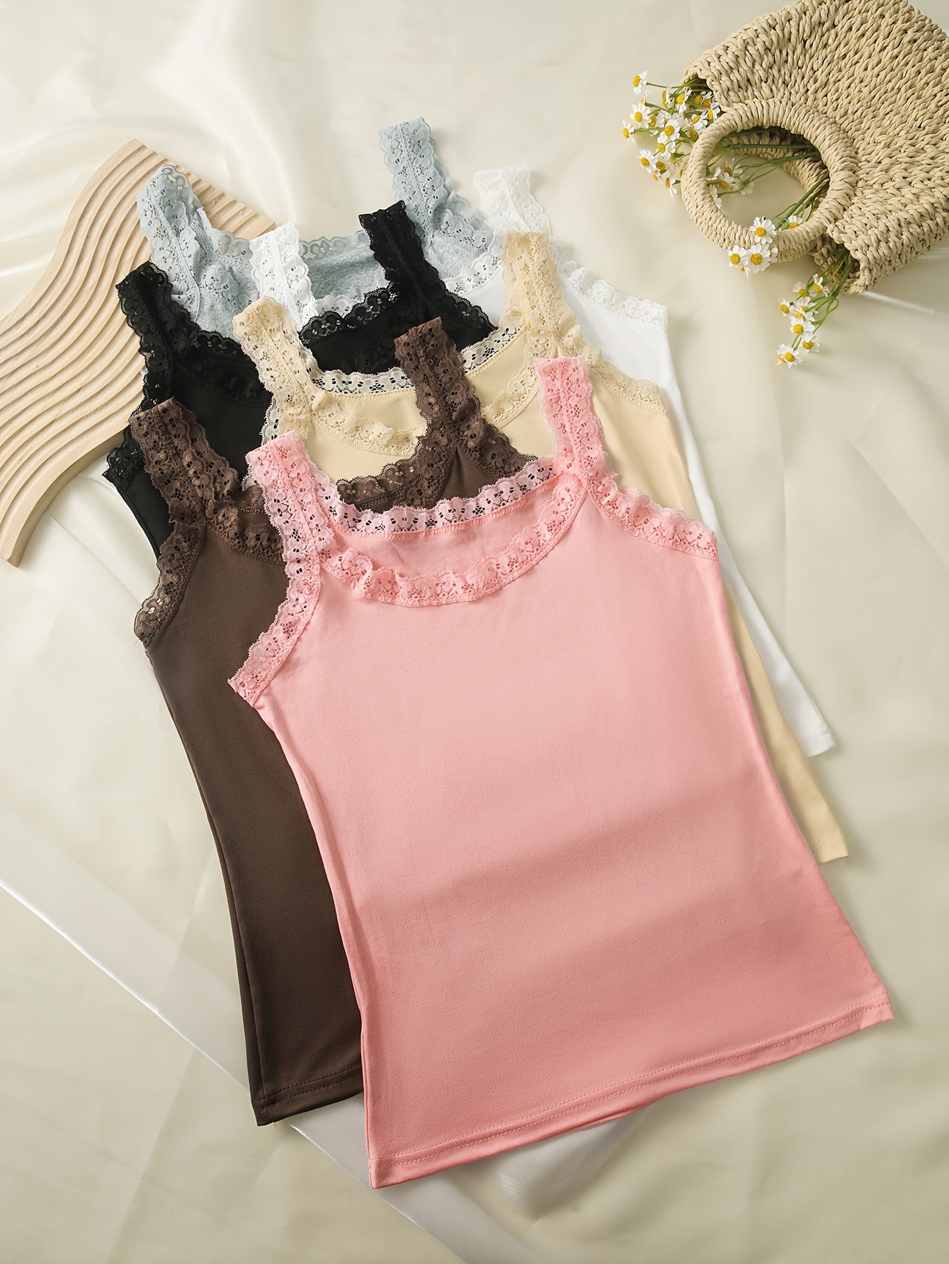 6-Pack of Lace Trim Camisole Tank Tops for Spring/Summer, Versatile Colors